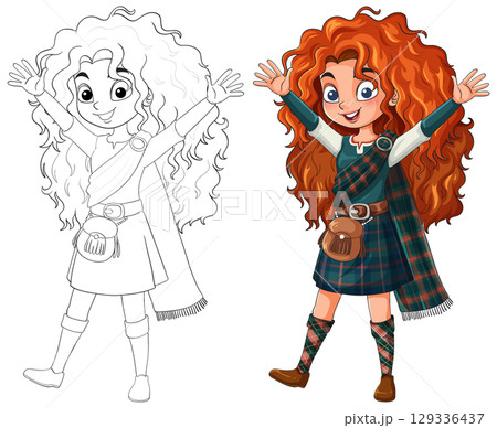 Cheerful Redheaded Girl in Scottish Tartan Dress Illustration Cheerful Redheaded Girl in Scottish Tartan Dress Illustration 129336437