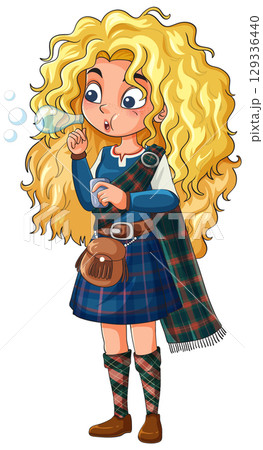 Curly Haired Girl in Tartan Blowing Bubbles 129336440