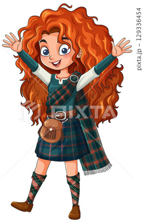 Cheerful Redheaded Girl in Traditional Scottish Attire 129336454