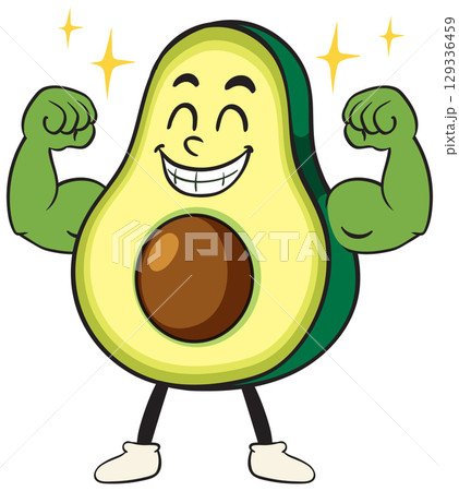 Strong Avocado Character with Muscular Arms 129336459
