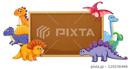 Colorful Dinosaurs Around a Blank Notice Board 129336466