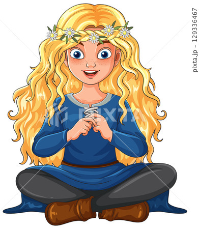 Blonde Girl in Blue Dress Sitting Cross-Legged Smiling 129336467