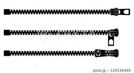 Open zipper illustration in vector style. Realistic zip fastener for bag pocket or sport jacket. Fashion puller icon with detailed metal clasp design. CAD template for accessories or wear. 129336489