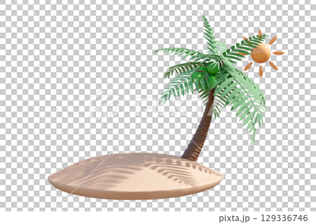 3D render of a tropical island with a vibrant palm tree, green coconuts, and a stylized sun, casting shadows on the sand. Perfect for summer, travel, and vacation themes. 129336746