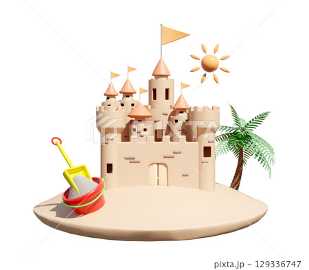 3D render of a charming sandcastle on a sandy island with a palm tree, sun, bucket, and shovel isolated . Perfect for summer vacation, beach holidays, and childhood concepts. 129336747