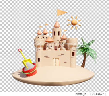 3D render of a charming sandcastle on a sandy island with a palm tree, sun, bucket, and shovel isolated . Perfect for summer vacation, beach holidays, and childhood concepts. 129336747