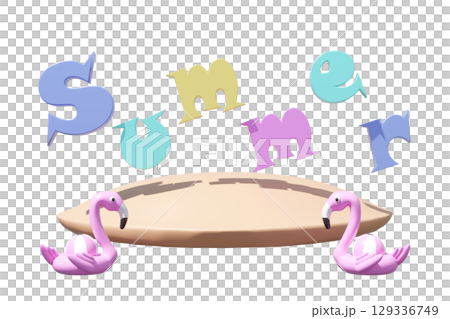 3D render of the word Summer in floating pastel letters over a surfboard platform with two pink flamingo pool floats and beach balls isolated. Concept for vacation, holiday, beach fun. 129336749