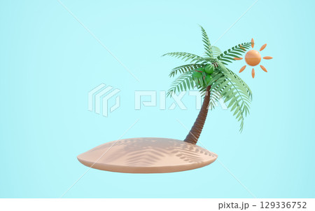 3D render of a stylized tropical island with a vibrant palm tree, green coconuts, and an orange sun against a serene light blue background. Ideal for summer, vacation, and travel themes. 3D render of a stylized tropical island with a vibrant palm tree, green coconuts, and an orange sun against a serene light blue background. Ideal for summer, vacation, and travel themes. 129336752