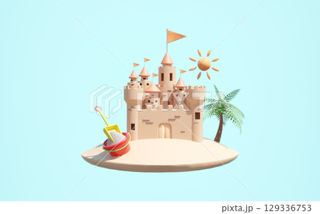 3D render of a charming sandcastle on a floating sand island, complete with a palm tree, bright sun, and sand toys. A minimalist illustration for summer holidays, vacation, and beach fun concept. 129336753