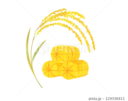 黄金色の稲と米俵　水彩イラスト 129336811