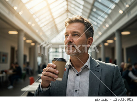 Businessman Holding Coffee in Modern Office Building Businessman Holding Coffee in Modern Office Building 129336902