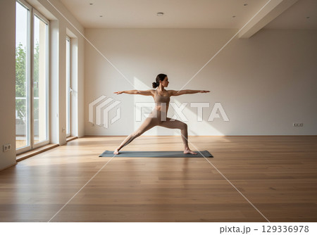 Woman Practicing Yoga Warrior II Pose in Bright Room 129336978