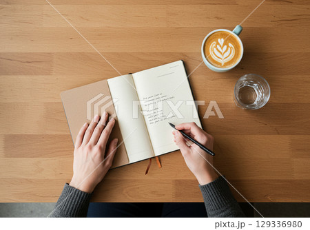 Woman writing in notebook at cafe, top view 129336980