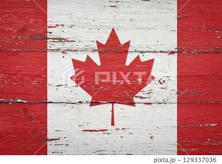 Canadian Flag on Rustic Wooden Boards 129337036