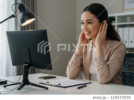 Happy businesswoman video conferencing on computer 129337050