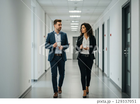 Business Colleagues Walking and Talking in Office Hallway 129337051