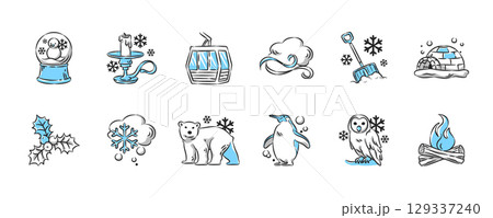 Winter season hand drawn icon collection. Set 3 of 3. Vector illustration. 129337240