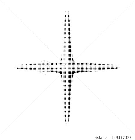 Glossy vector star with halftone dot texture. Minimalist black and white sparkle shape isolated on white background. Perfect for modern icons, UI elements or abstract decoration. 129337372