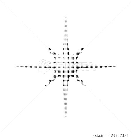 Six-point halftone star sparkle. Abstract black and white vector icon with dotted texture. Vintage comic-style burst symbol. Isolated shape for graphic design or sticker decoration. 129337386