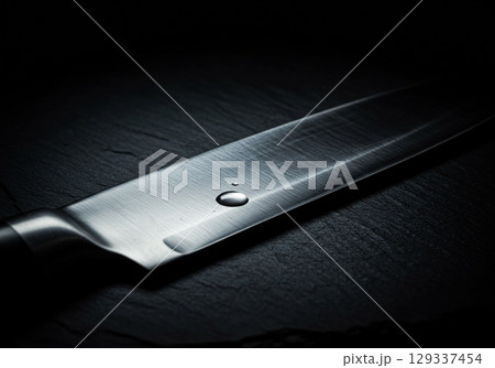 Closeup of Water Droplet on Metal Knife Blade 129337454