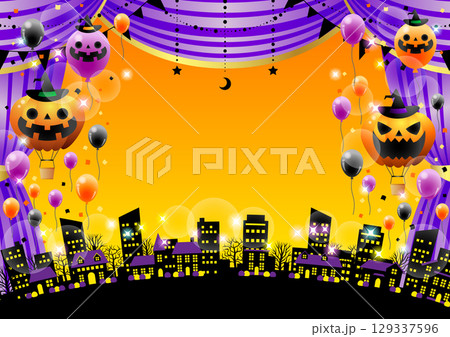 ハロウィン劇場、紫、幕、街並み、かわいい、イラスト、背景、横 129337596