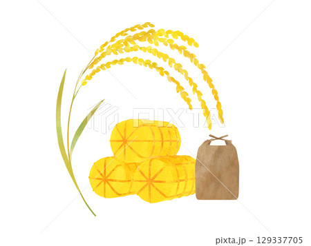 黄金色の稲穂と米俵 米袋 水彩イラストセット 黄金色の稲穂と米俵 米袋 水彩イラストセット 129337705
