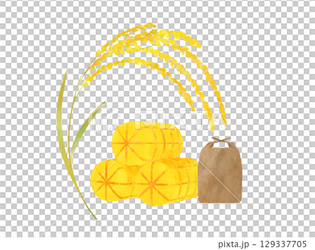 Golden rice ears and rice bales, rice bag, watercolor illustration set Golden rice ears and rice bales, rice bag, watercolor illustration set 129337705