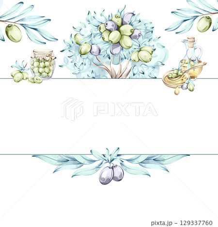 Celebrate the essence of Italian cuisine with watercolor olives and olive oil illustrations frame, border, arrangement Celebrate the essence of Italian cuisine with watercolor olives and olive oil illustrations frame, border, arrangement 129337760