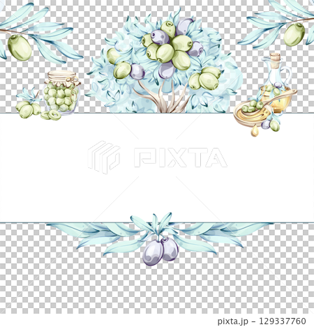 Celebrate the essence of Italian cuisine with watercolor olives and olive oil illustrations frame, border, arrangement Celebrate the essence of Italian cuisine with watercolor olives and olive oil illustrations frame, border, arrangement 129337760