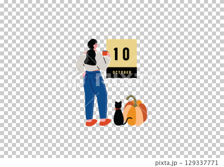 10月のカレンダーを見つめる女性 129337771