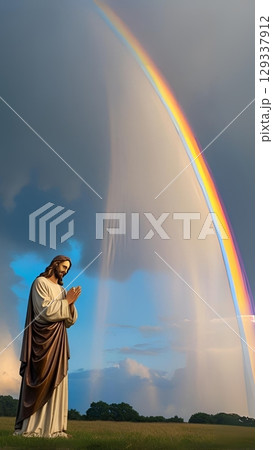 大きな虹の下で祈りを捧げるイエスキリスト 大きな虹の下で祈りを捧げるイエスキリスト 129337912