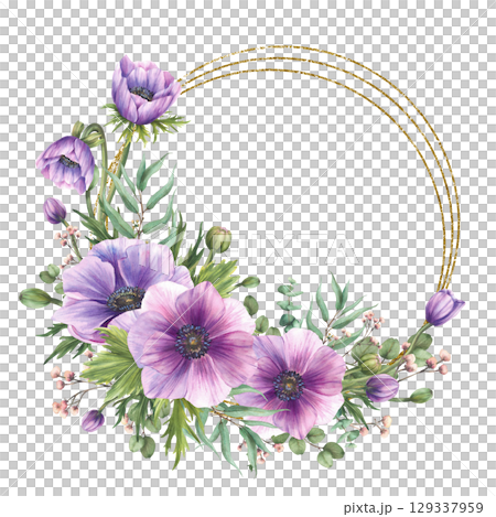 Watercolor purple Anemones flowers with pink buds twig and eucalyptus leaves gold framed wreath. Romantic circle frame template for wedding, greeting card, label Isolated hand painted illustration 129337959