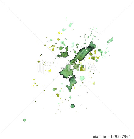 Watercolor green spots and splashes abstract hand drawn background. Olive, grass nature yellow brush stroke, stains. Aquarelle transparent grunge for your texture design Isolated on white illustration 129337964