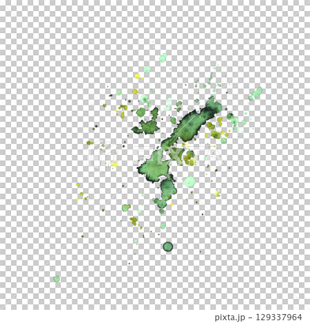 Watercolor green spots and splashes abstract hand drawn background. Olive, grass nature yellow brush stroke, stains. Aquarelle transparent grunge for your texture design Isolated on white illustration 129337964