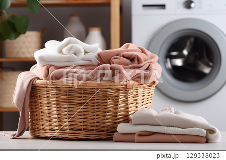 A laundry basket with a pile of folded towels next to a washing machine. Washing machine and basket in a laundry room 129338023