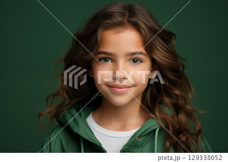 Close-up photo of a girl on green background. teenage girl 129338052