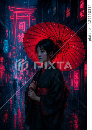 赤い傘をさす着物の女性 129338314