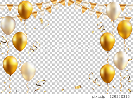 Luxury festive frame of gold and white balloons and confetti 129338316