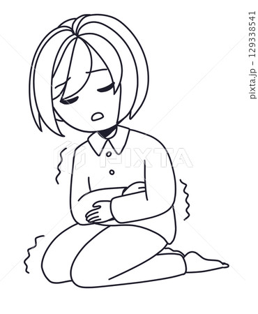 腹痛になっている女性の線画イラスト 129338541