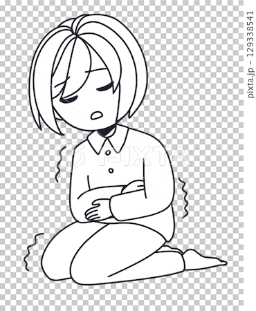 腹痛になっている女性の線画イラスト 129338541