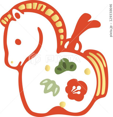 年賀2026　年賀状素材　令和八年　土鈴　午年　午　馬　うま年　干支　手描き　正月　和風　イラスト 129338646