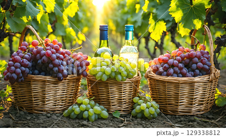ブドウの収穫とワインボトル 129338812