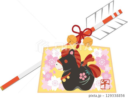 年賀2026　馬　絵馬　破魔矢　土鈴　桜　かわいい　午　午年　干支　正月　飾り　年賀状　イラスト 129338856