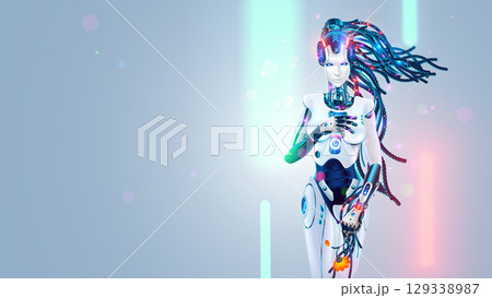 A romantic robot or cyborg woman in the Venus pose with a flower in her hands. Beautiful, modest, shy sexy robot woman with loose hair in the wind in neon lights on a light background. The birth of AI 129338987