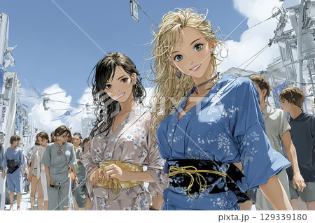 友達と歩く浴衣姿の少女たち 129339180
