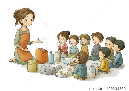 防災セットを並べて説明するお母さん(子どもたちが聞いている) 防災セットを並べて説明するお母さん(子どもたちが聞いている) 129339223