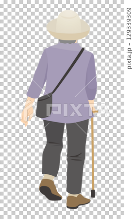 Rear view of an elderly woman walking with a cane Rear view of an elderly woman walking with a cane 129339309