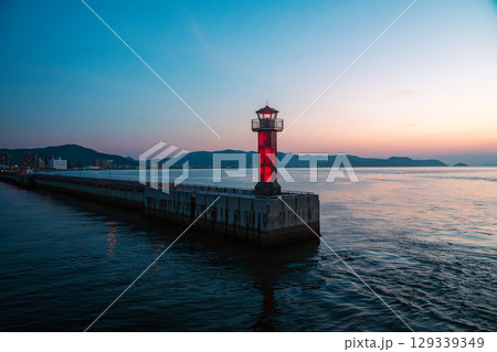 Red Lighthouse at Takamatsu Port during Sunset, Setouchi, Japan 129339349