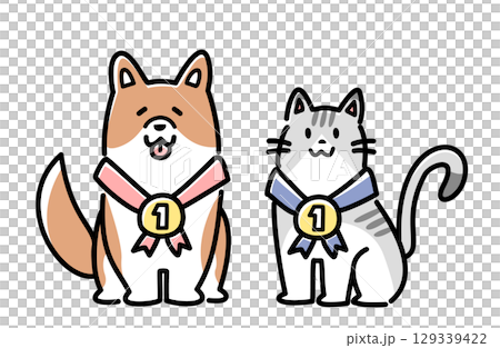 一隻狗和一隻貓拿著金牌的向量插圖 129339422