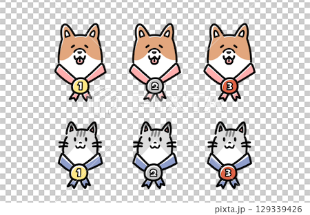 一隻狗和一隻貓佩戴獎牌的向量插圖 129339426